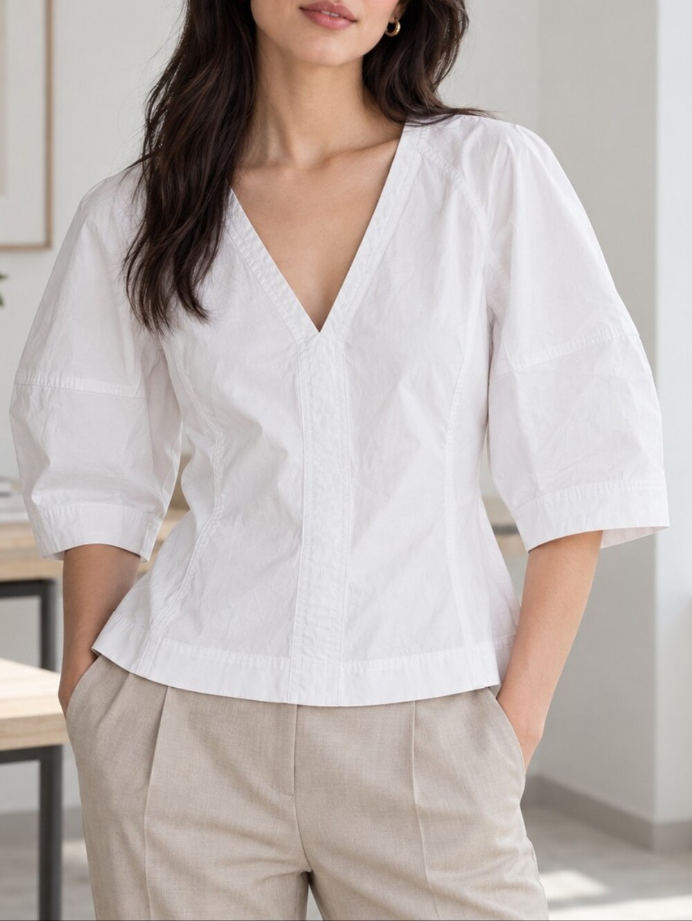 Madewell Sculptural V-Neck Poplin Top White Puff Sleeve Quiet Luxury 6 NWT